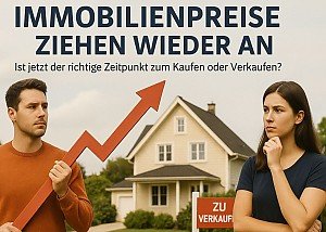 Symbolbild f�r Immobilienmarkt 2025: Ein Mann mit Preispfeil vor einem Haus und eine Frau in nachdenklicher Haltung � steht f�r steigende Immobilienpreise und die Entscheidung zwischen Kauf oder Verkauf.