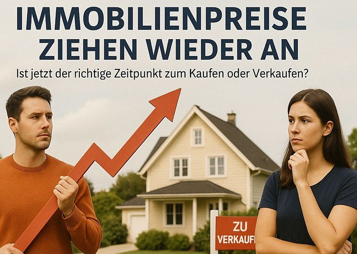 Symbolbild f�r Immobilienmarkt 2025: Ein Mann mit Preispfeil vor einem Haus und eine Frau in nachdenklicher Haltung � steht f�r steigende Immobilienpreise und die Entscheidung zwischen Kauf oder Verkauf.